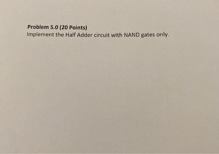 Solved Problem 5.0 (20 Points) Implement the Half Adder | Chegg.com