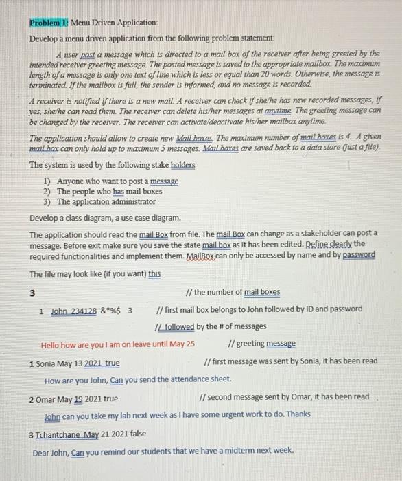 Problem 1: Menu Driven Application Develop a menu | Chegg.com