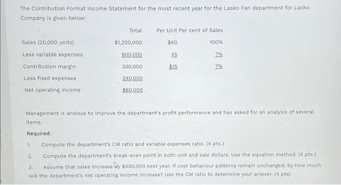 Solved The contribution Format Income Statement for the most | Chegg.com