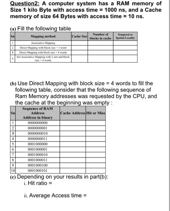 Solved Question2: A Computer System Has A RAM Memory Of Size | Chegg.com