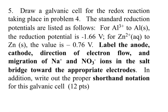 Solved 5. Draw a galvanic cell for the redox reaction taking | Chegg.com