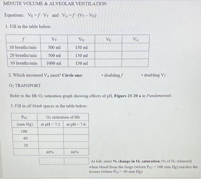 Solved Minute Volume Alveolar Ventilation Equations Ve Chegg Com