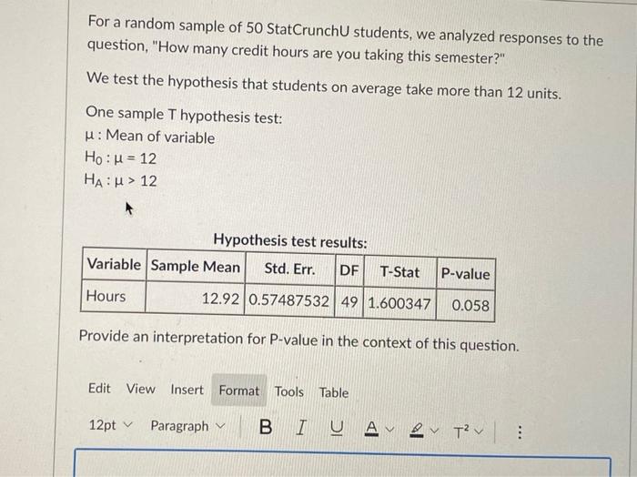 Solved For A Random Sample Of 50 StatCrunchU Students We Chegg