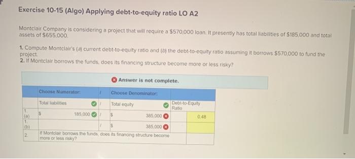 Solved Exercise 10-15 (Algo) Applying Debt-to-equity Ratio | Chegg.com