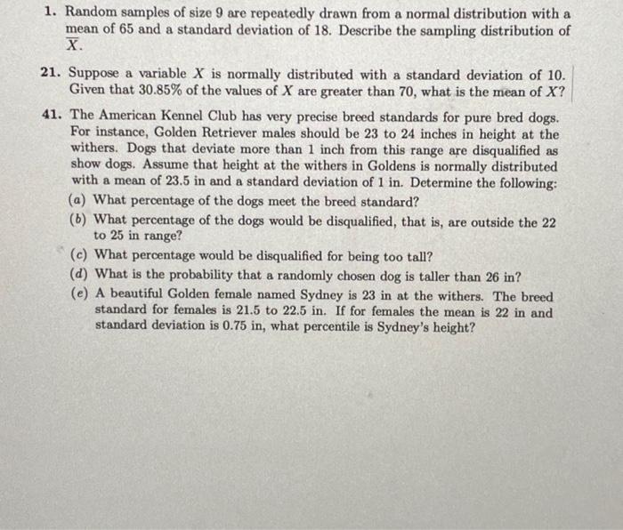 Solved 1. Random samples of size 9 are repeatedly drawn from | Chegg.com