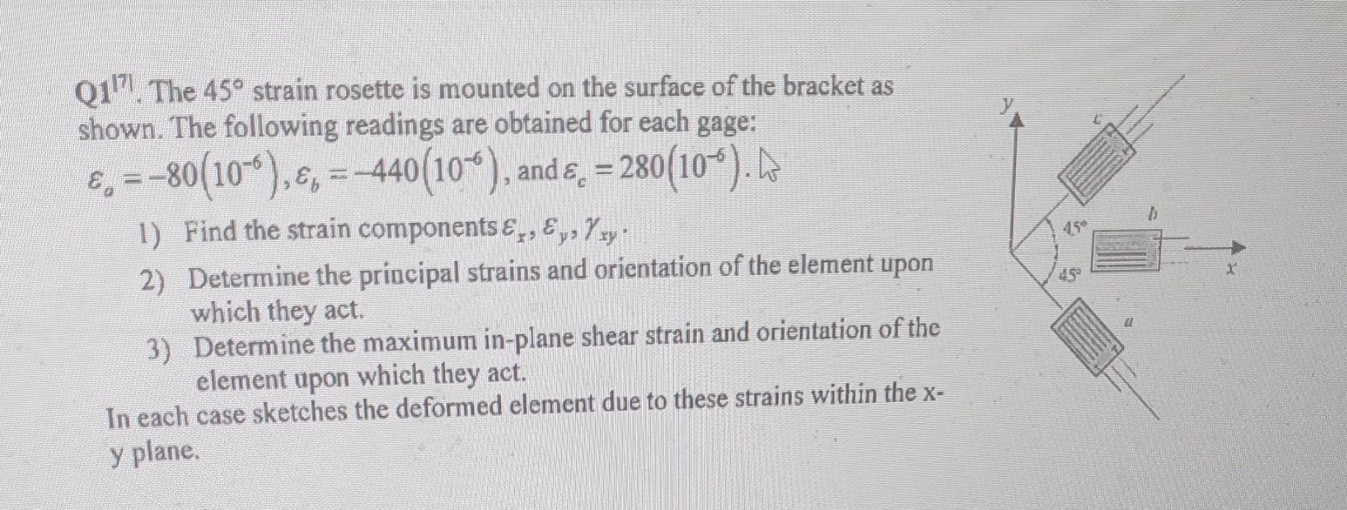 Solved Q1 1[7] The 45∘ strain rosette is mounted on the | Chegg.com