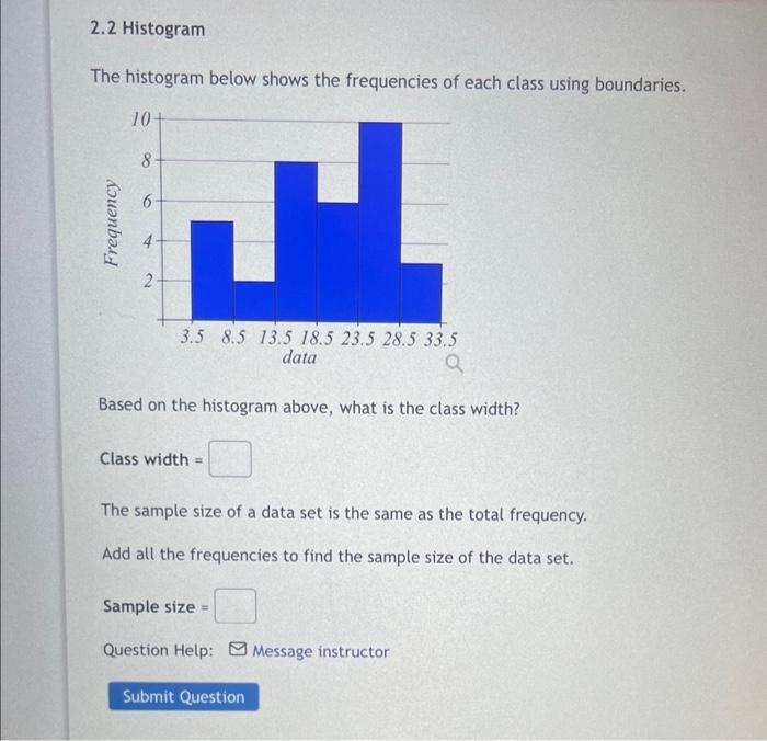 The histogram below shows the frequencies of each class using boundaries.
Based on the histogram above, what is the class wid