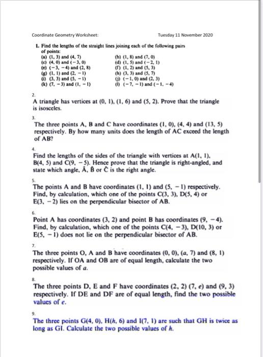 Solved Coordinate Geometry Worksheet Tuesday 11 November Chegg Com