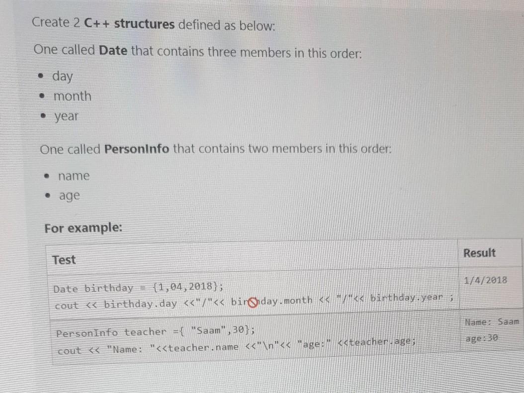 Solved Create 2 C++ structures defined as below: One called | Chegg.com
