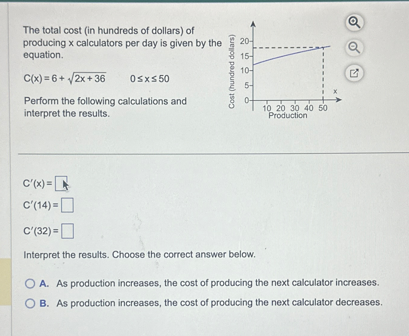 Solved The total cost (in hundreds of dollars) ﻿of producing | Chegg.com