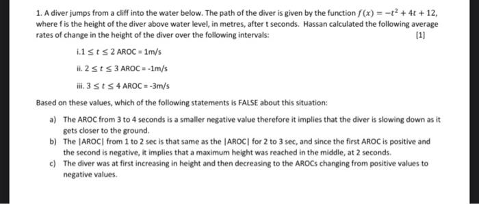 Solved 1. A diver jumps from a cliff into the water below. | Chegg.com