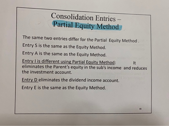 Consolidation entries - partial equity method the same two entries differ for the partial equity method. entry s is the same