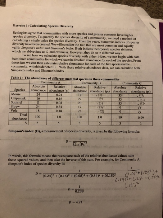 Solved Exercise 1: Caleulating Species Diversity Ecologists | Chegg.com