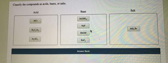 Solved Classify The Compounds As Acids Bases Or Salts 9353