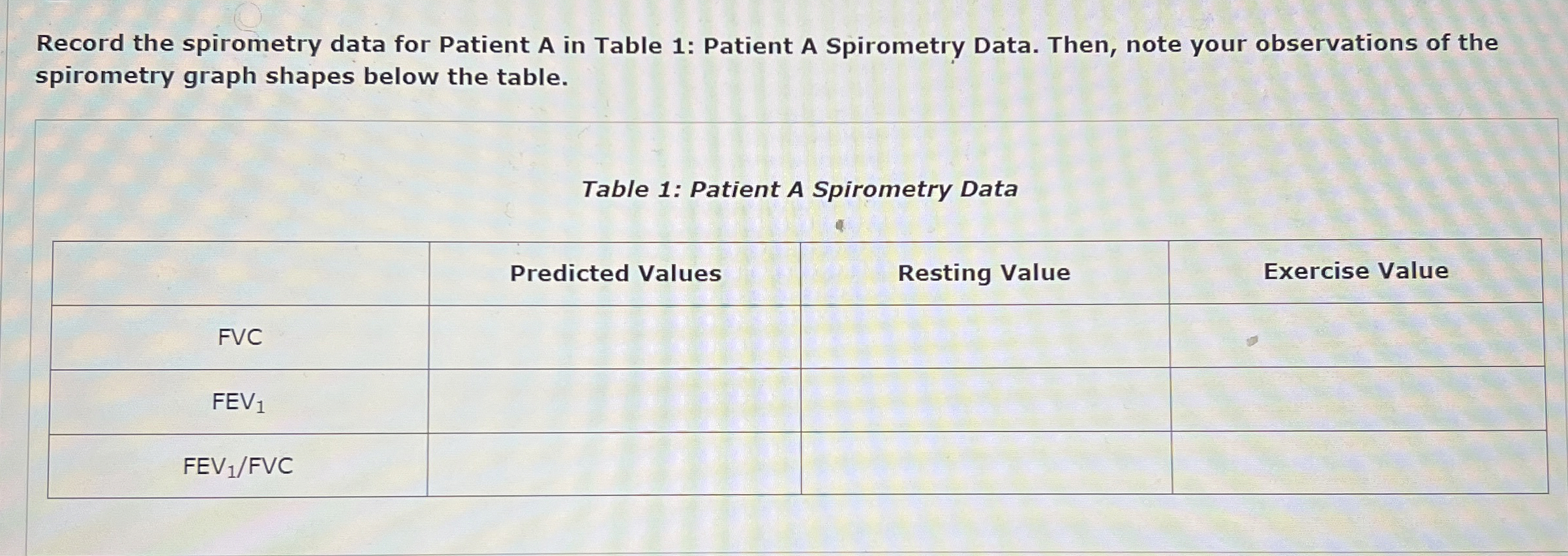 Record the spirometry data for Patient A in Table 1