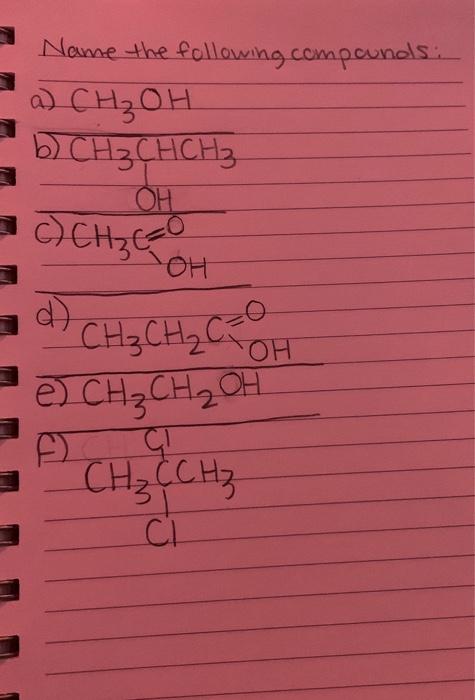 Solved Name the following compounds: a) CH3OH b) CH3CHCH3 OH | Chegg.com