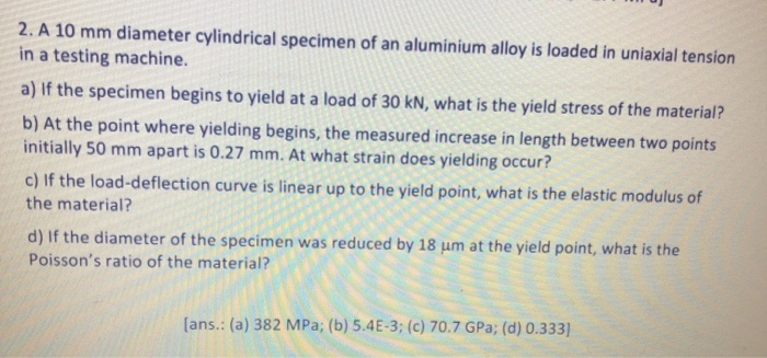 Solved 2. A 10 mm diameter cylindrical specimen of an | Chegg.com