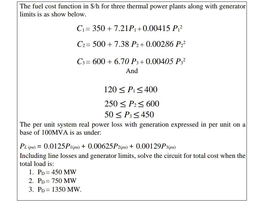 The fuel cost function in $/h for three thermal power | Chegg.com