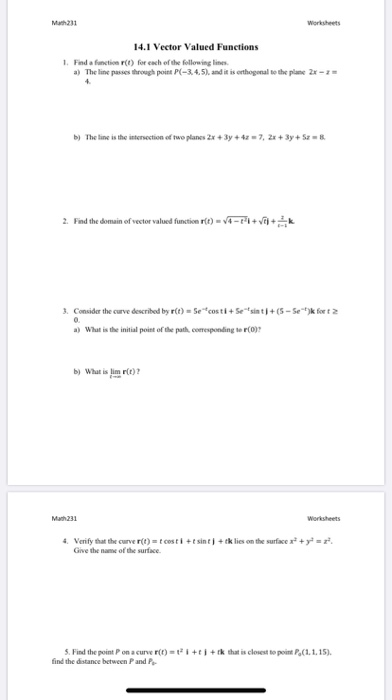 Solved Math01 Worksheets 14.1 Vector Valued Functions 1. | Chegg.com