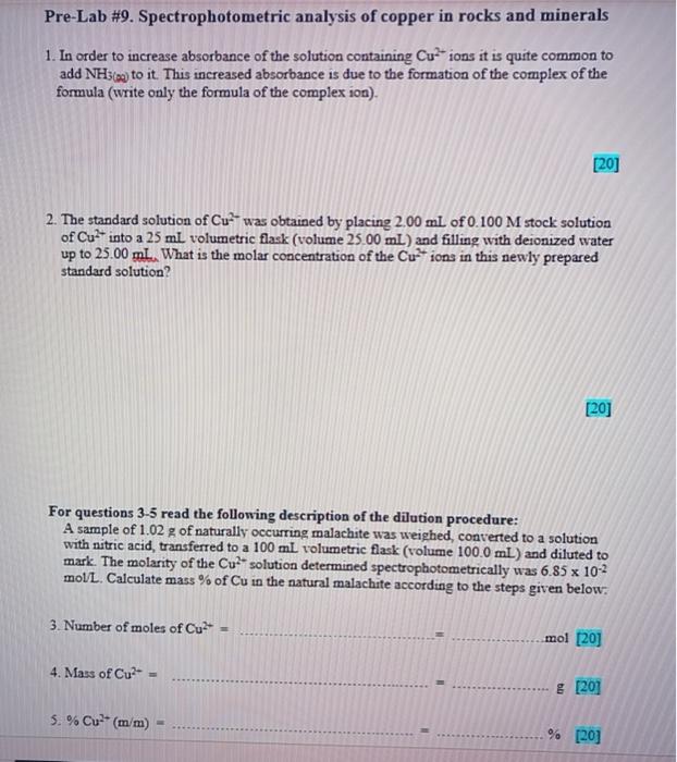 Solved PreLab 9. Spectrophotometric analysis of copper in