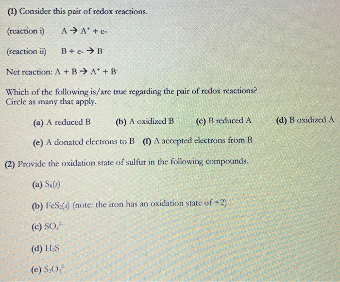 Solved (1) Consider This Pair Of Redox Reactions. (reaction | Chegg.com