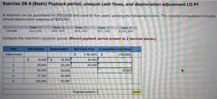 Solved Exercise 26 4 Static Payback Period Unequal Cash 