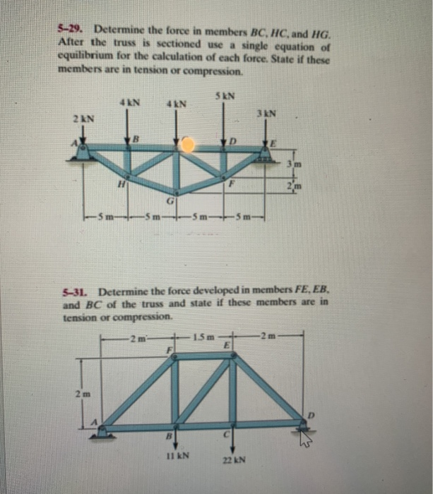 Solved 5-29. Determine the force in members BC, HC, and HG. | Chegg.com
