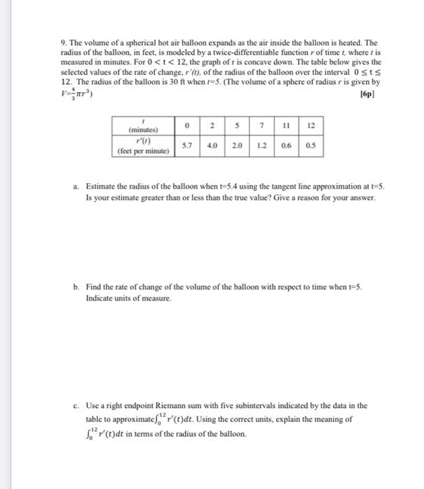 Solved 9. The volume of a spherical hot air balloon expands
