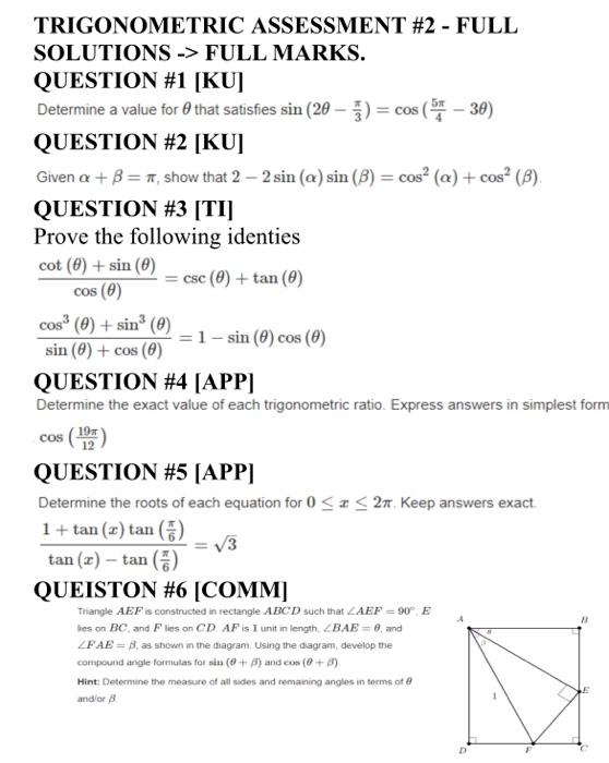 Solved TRIGONOMETRIC ASSESSMENT #2 - FULL SOLUTIONS -> FULL | Chegg.com