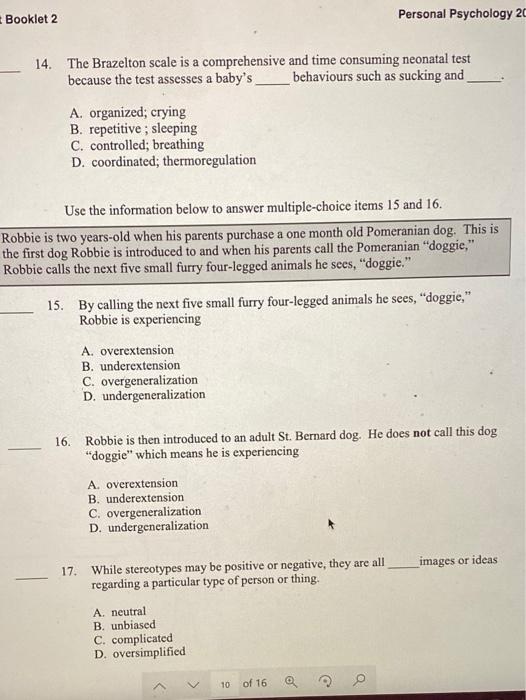 Solved Booklet 2 Personal Psychology 2 14 The Brazelton Chegg Com