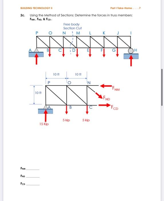 2c. Using the Method of Sections: Determine the forces in truss members:
\( \mathrm{F}_{\mathrm{NM}}, \mathrm{F}_{\mathrm{NO}