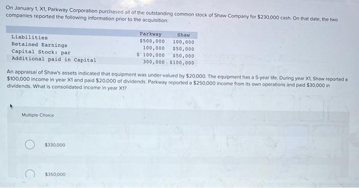 Solved On January 1, X1, Parkway Corporation Purchased All | Chegg.com