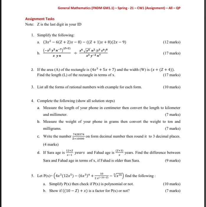 Solved General Mathematics (FNDM GM1.1) - Spring - 21-CW1 | Chegg.com