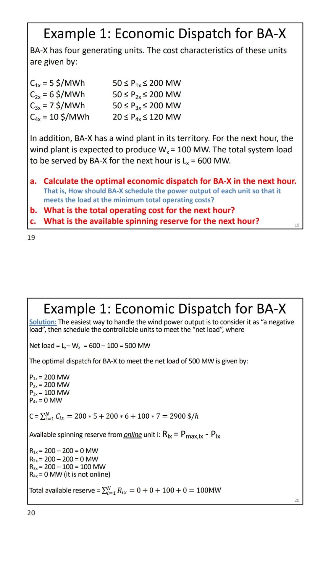 Economic Disptch Example Solved Example 1: Economic Dispatch for BA-X BA−X has four | Chegg.com