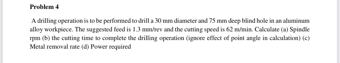 Solved Problem 4A drilling operation is to be performed to | Chegg.com