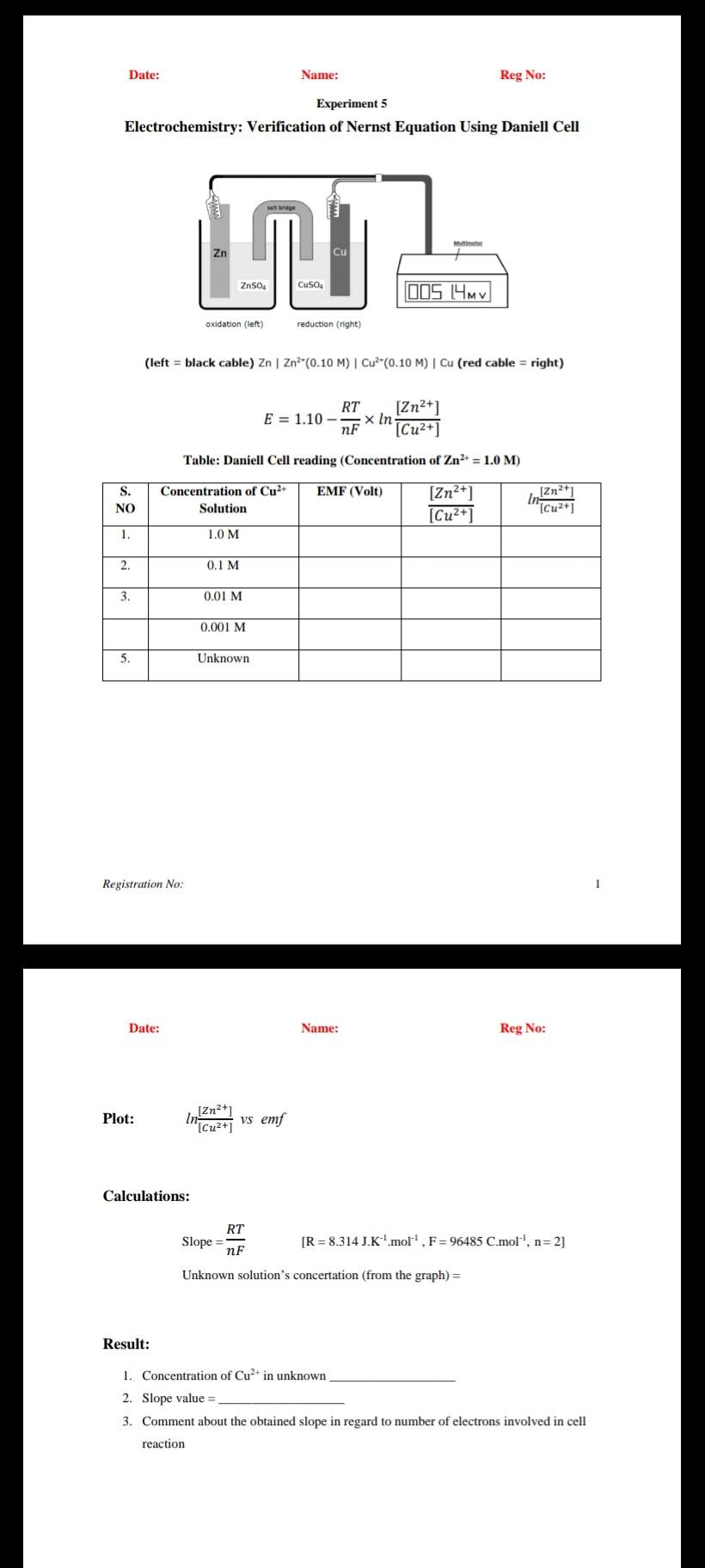 Solved Date Name Reg No Experiment 5 Electrochemistry