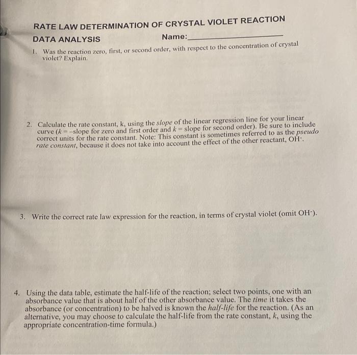 Solved rate law determination of the crystal violet chegg