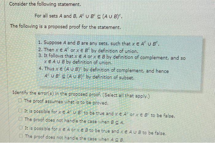 Solved Consider The Following Statement. For All Sets A And | Chegg.com