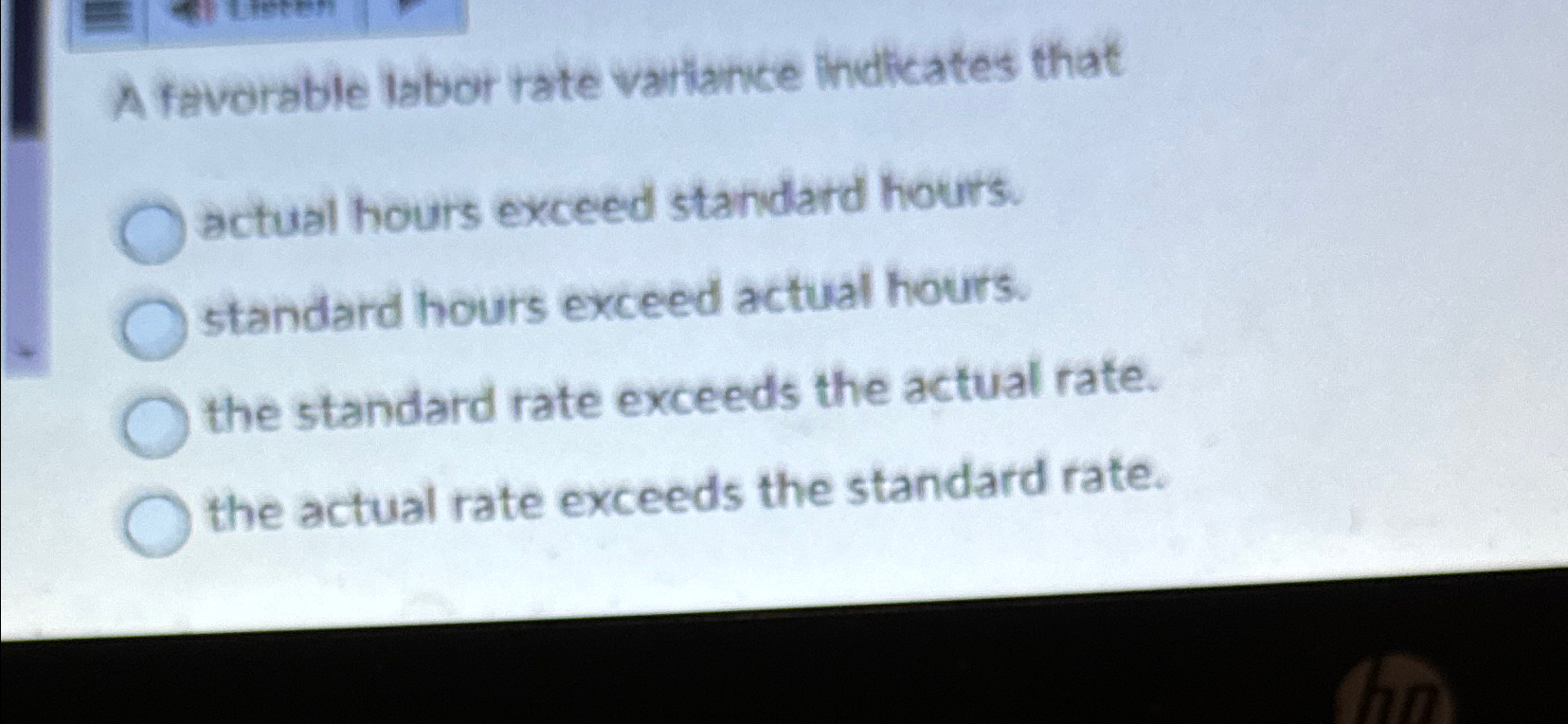 Solved A favorable labor rate variance lindicates thatactual | Chegg.com