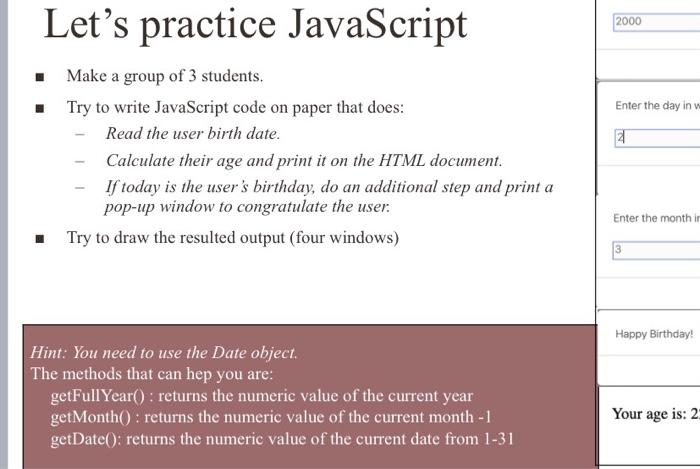 Solved Let'S Practice Javascript - Make A Group Of 3 | Chegg.Com