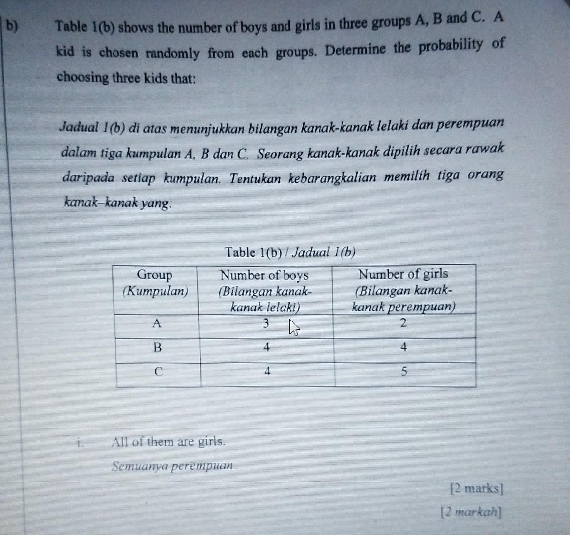 Solved B) Table 1(b) Shows The Number Of Boys And Girls In | Chegg.com