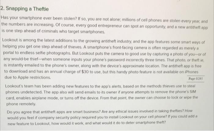 Solved 2. Snapping a Theftle Has your smartphone ever been | Chegg.com