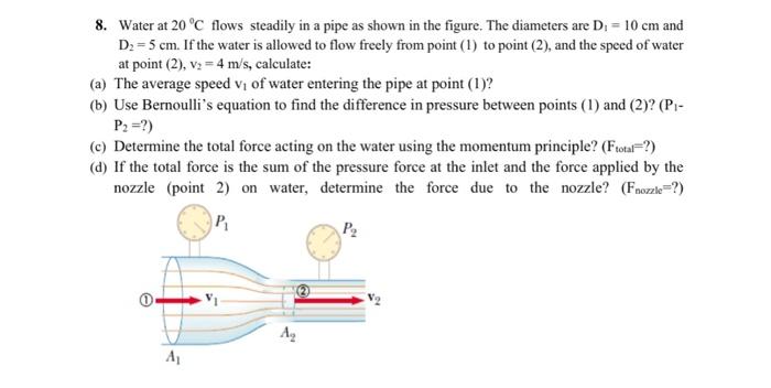 Solved 8. Water at 20°C flows steadily in a pipe as shown in | Chegg.com