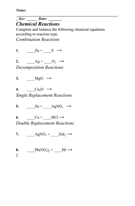 Solved Name: See: Date: Chemical Reactions Complete and | Chegg.com