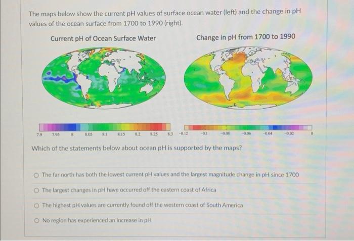 The maps below show the current \( \mathrm{pH} \) values of surface ocean water (left) and the change in \( \mathrm{pH} \) va