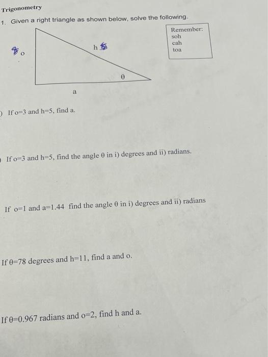 Solved Trigonometry 1. Given a right triangle as shown | Chegg.com