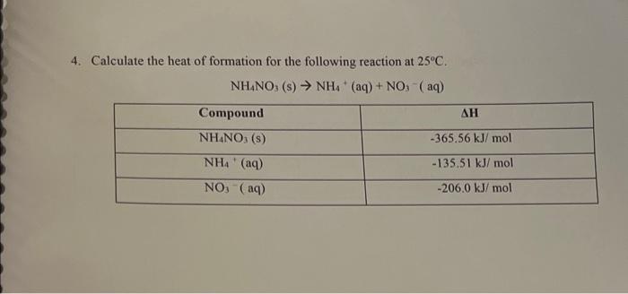 4. Calculate the heat of formation for the following reaction at \( 25^{\circ} \mathrm{C} \).
\[
\mathrm{NH}_{4} \mathrm{NO}_