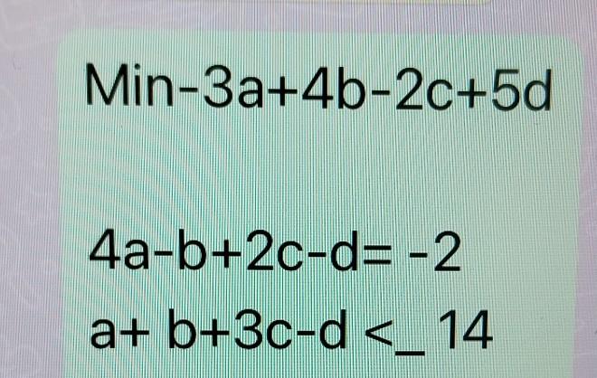 Solved Min- 3a+4b−2c+5d 4a−b+2c−d=−2a+b+3c−d