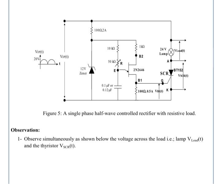Figure 5 : A single phase half-wave controlled rectifier with resistive load.
Observation:
1- Observe simultaneously as shown