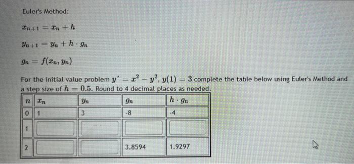 Solved Euler's Method: In+1 = In th Yn+1=Yn+h-gn In f(In, | Chegg.com